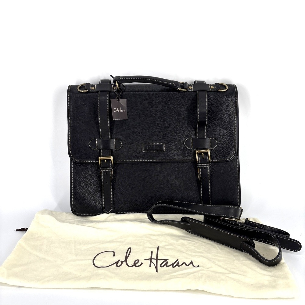 COLE HAAN MONTANA II Leather Messenger Bag Top Handle Briefcase Black NWT